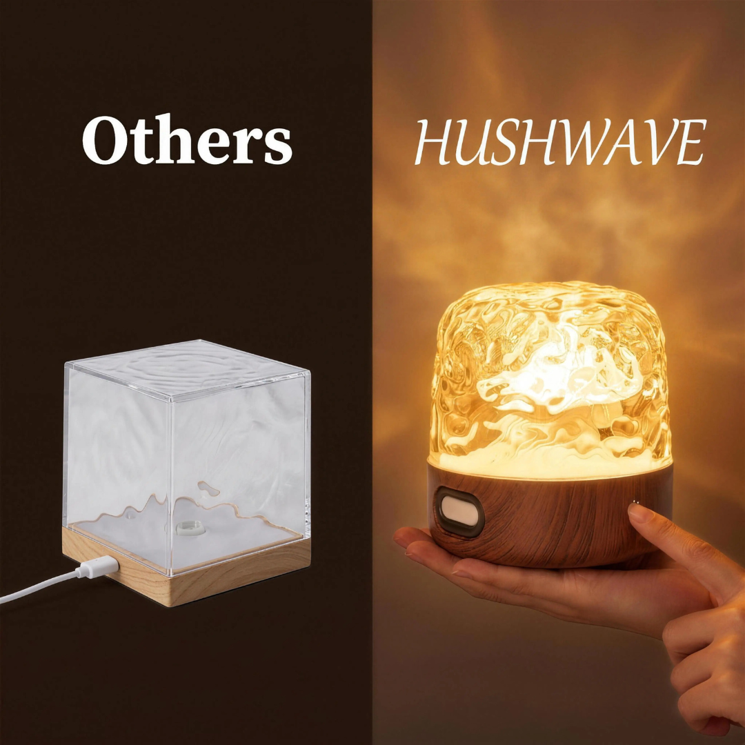 Others vs HUSHWAVE comparison: generic corded cube lamp vs HUSHWAVE walnut cordless lamp