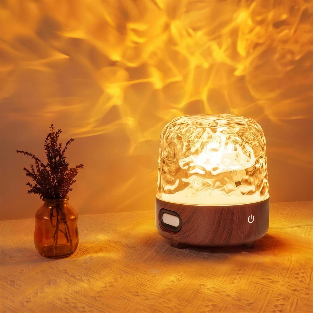 HUSHWAVE Sleep Lamp walnut base with crystal ripple dome lit warm amber