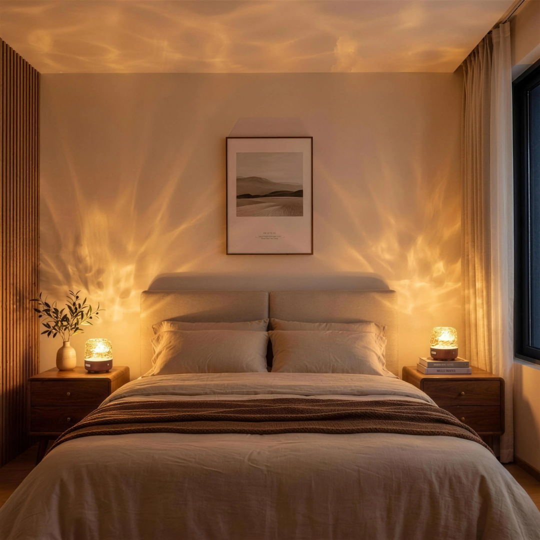 HUSHWAVE Sleep Lamp - two lamps on bedside tables casting ocean wave light across a cozy bedroom